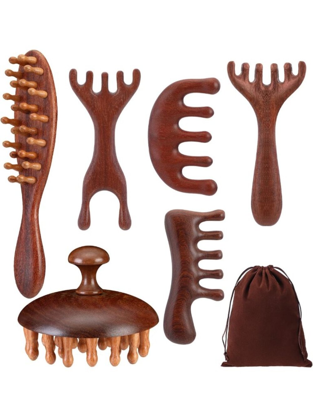 Natural Wooden Scalp Massager Comb Set - 6 Pcs with Flocked Storage Bag